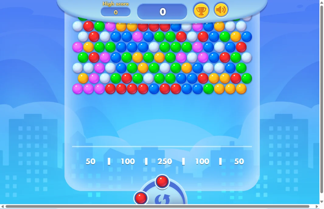 Bubble Shooter 2 gameplay — full grid of colored bubbles with score columns