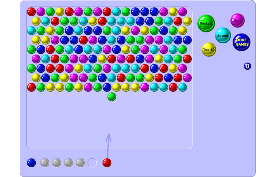 Bubble Shooter gameplay — full grid of colored bubbles