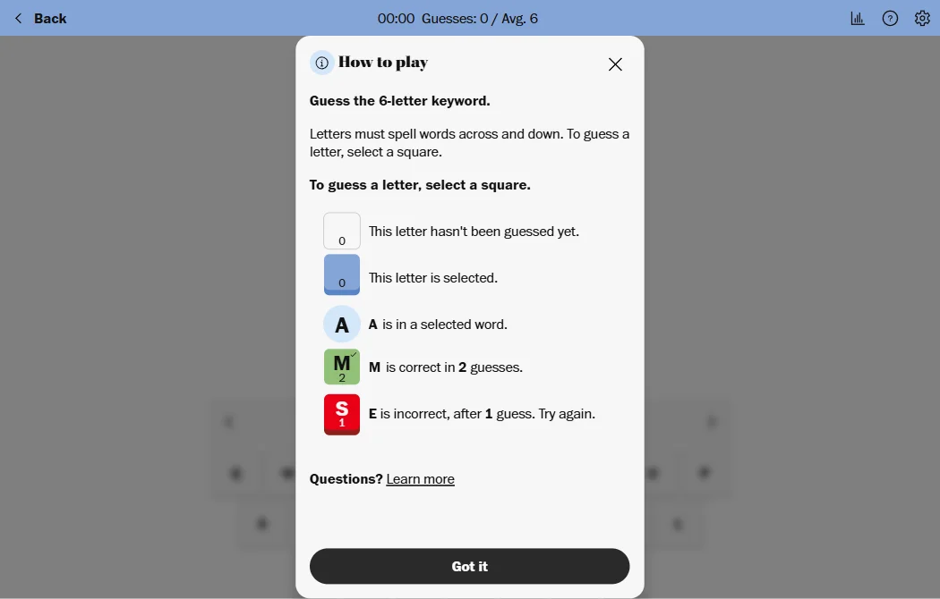 Keyword gameplay — guessing letters on the puzzle grid